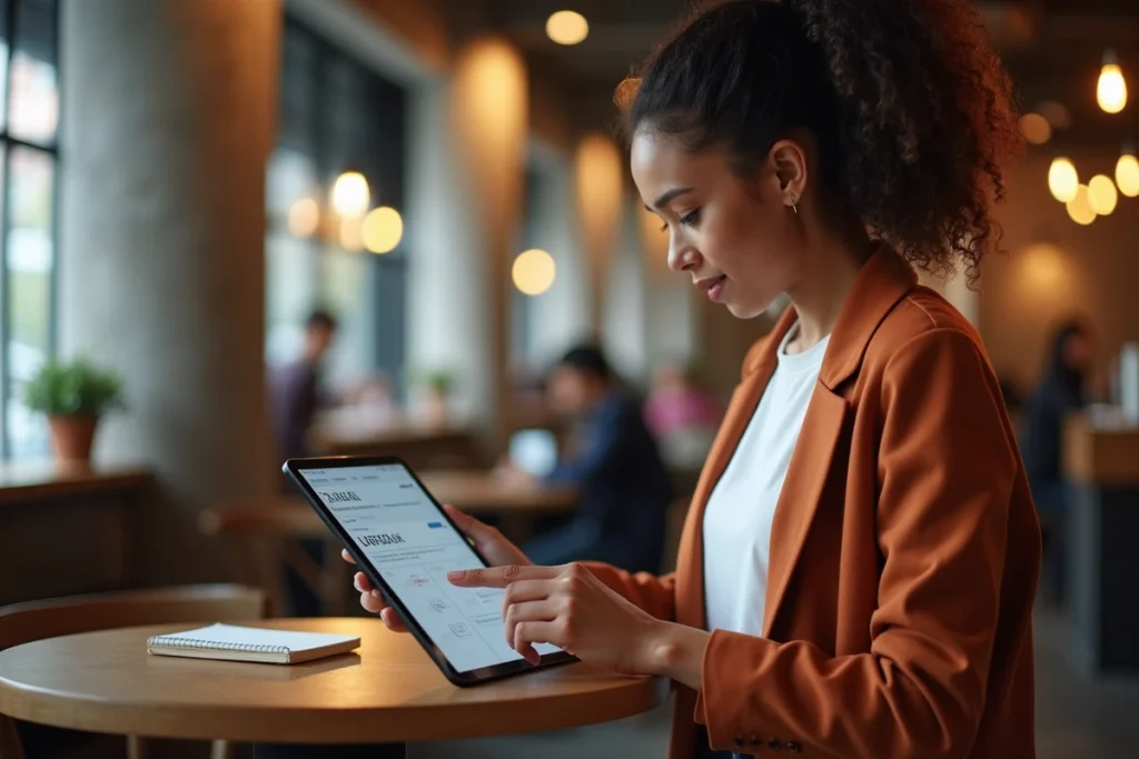 Jeune marketeuse testant l'optimisation des objets d'emails sur une tablette dans un café pour améliorer les taux d'ouverture de sa newsletter