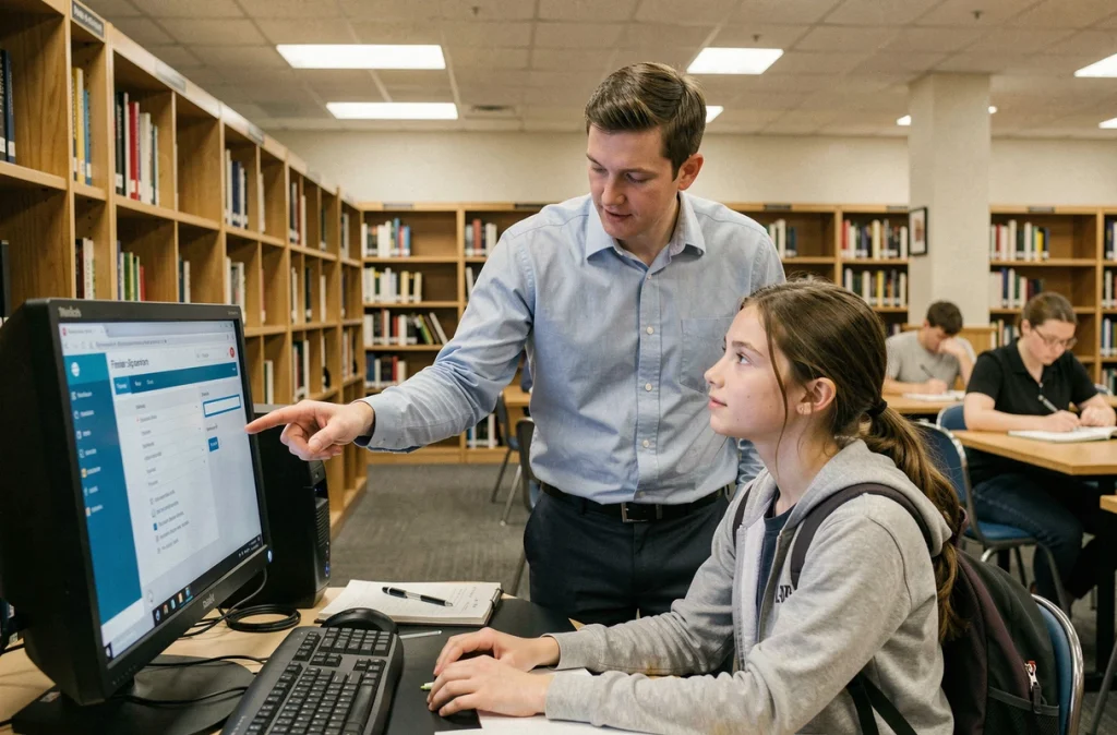Professeur aidant une lycéenne à résoudre un problème de connexion ENT en bibliothèque