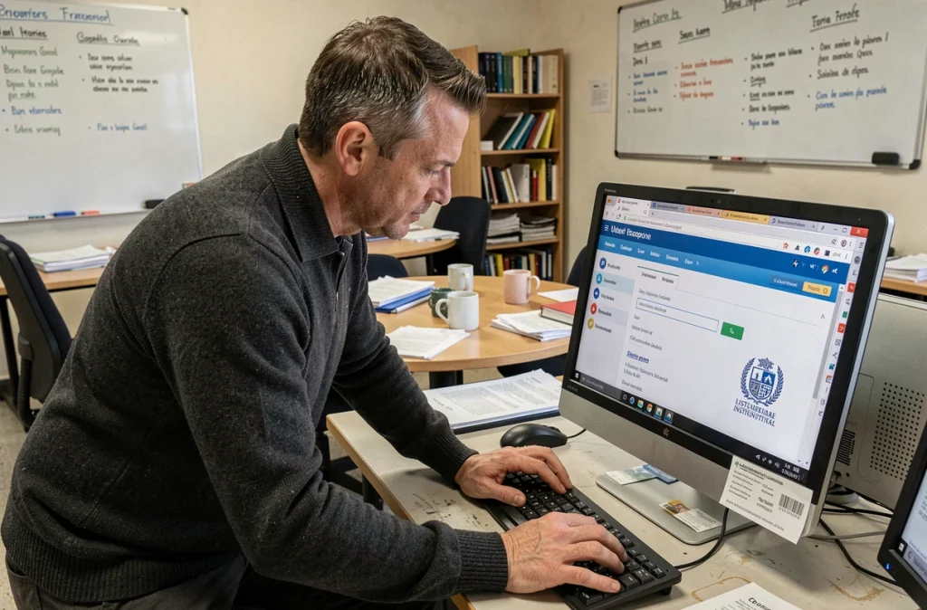 Professeur utilisant un ordinateur de bureau pour retrouver un email perdu sur Mail Académie Bordeaux
