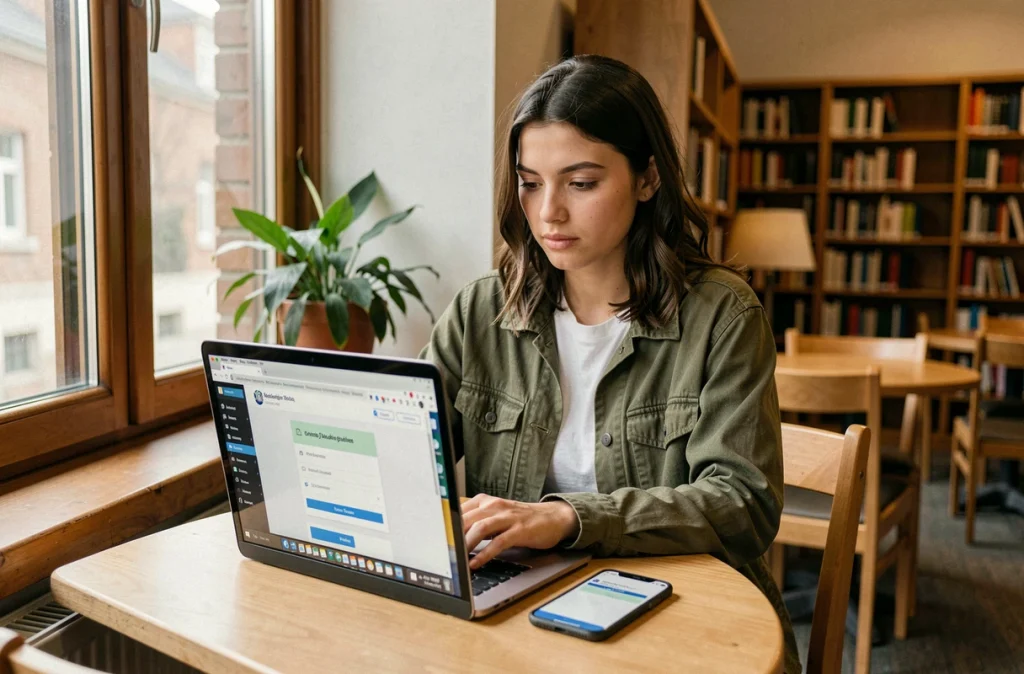 Jeune femme récupérant un mail perdu sur la messagerie académique depuis un espace public