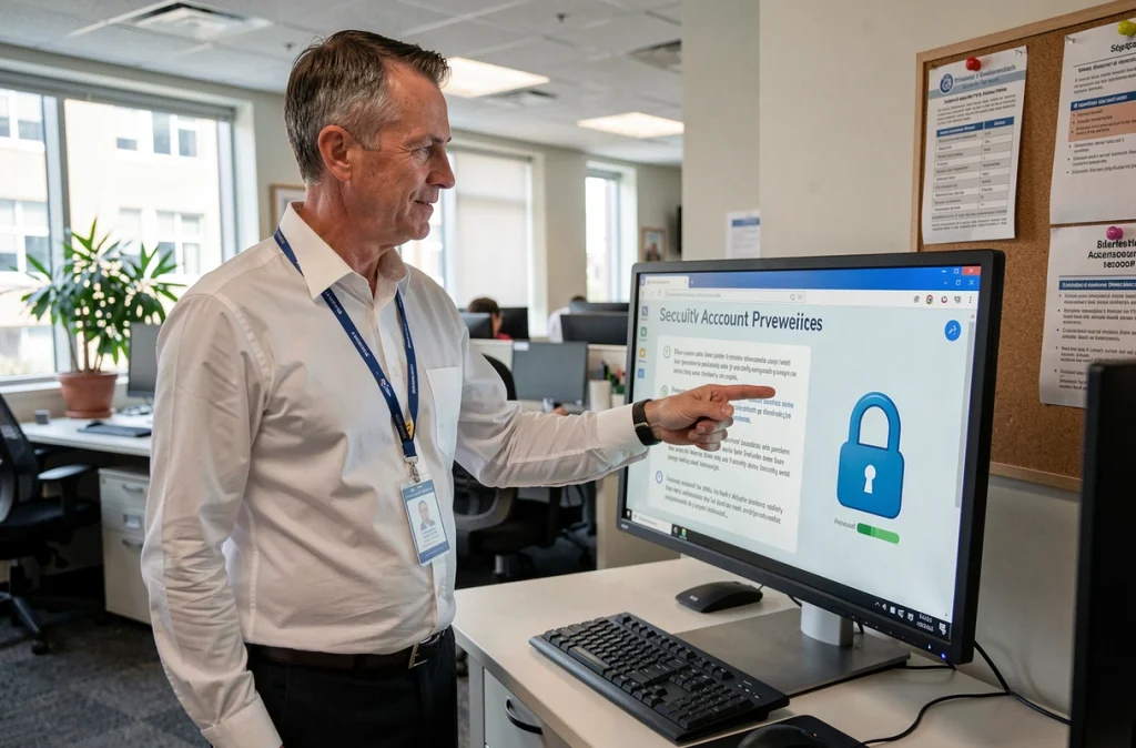 Responsable informatique présentant les bonnes pratiques de sécurité des comptes étudiants sur un écran de bureau