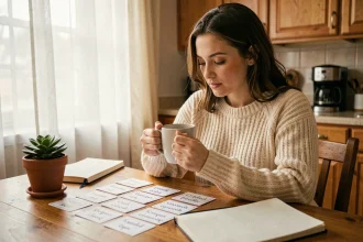 Jeune femme qui révise des fiches de vocabulaire anglais le matin autour d'un café dans une cuisine chaleureuse