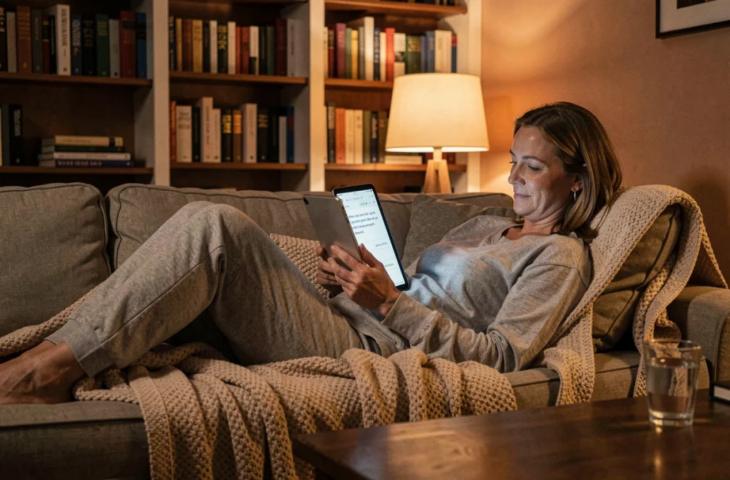 Femme qui révise l'anglais le soir sur sa tablette allongée dans son salon avec une atmosphère cosy
