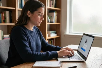 Jeune femme sécurisant son compte étudiant mycampus sur un ordinateur portable dans un bureau à domicile