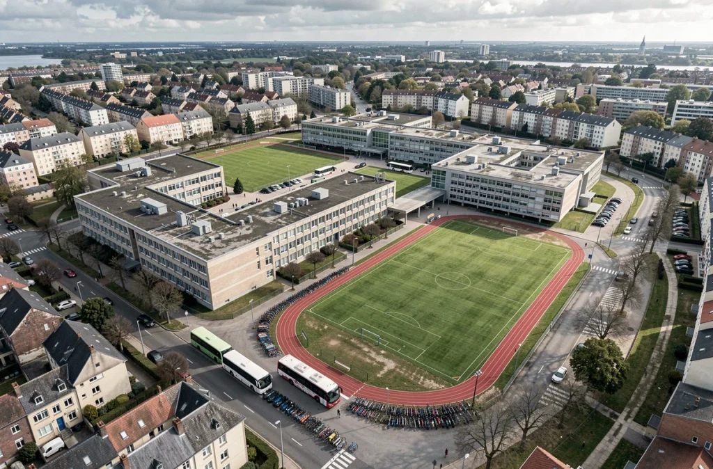 Vue aérienne d'un grand lycée français avec ses bâtiments et terrains de sport, illustrant sa superficie impressionnante