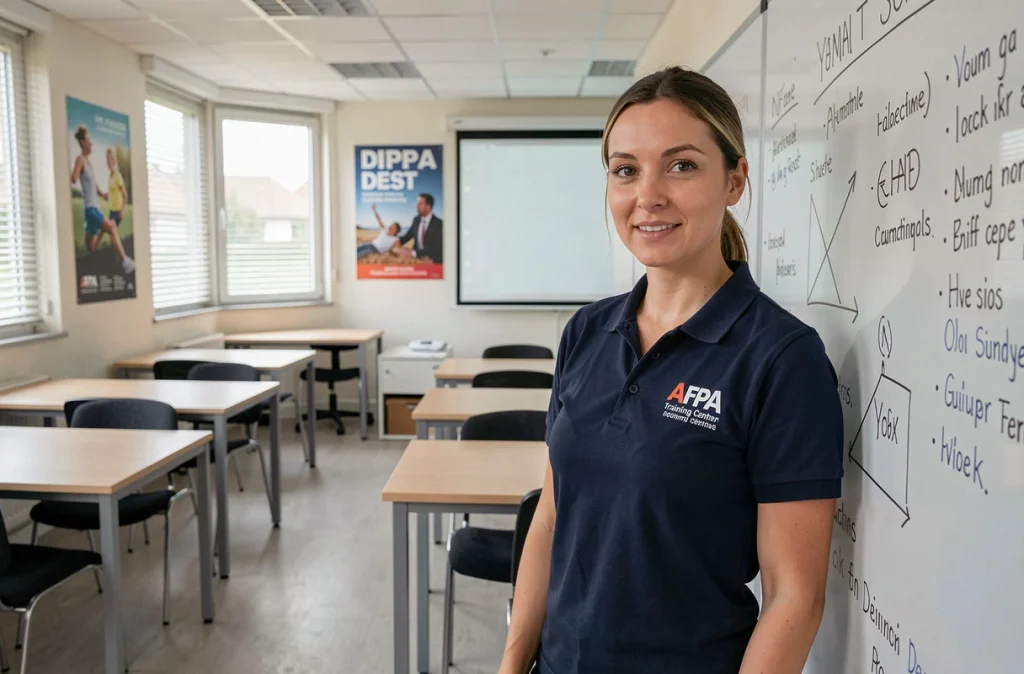 Formatrice en alternance devant un tableau blanc dans une salle de formation de l'AFPA Grand Est
