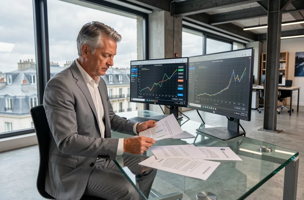 Analyste quantitatif en finance examinant des modèles de probabilités appliquées dans un bureau moderne à Paris