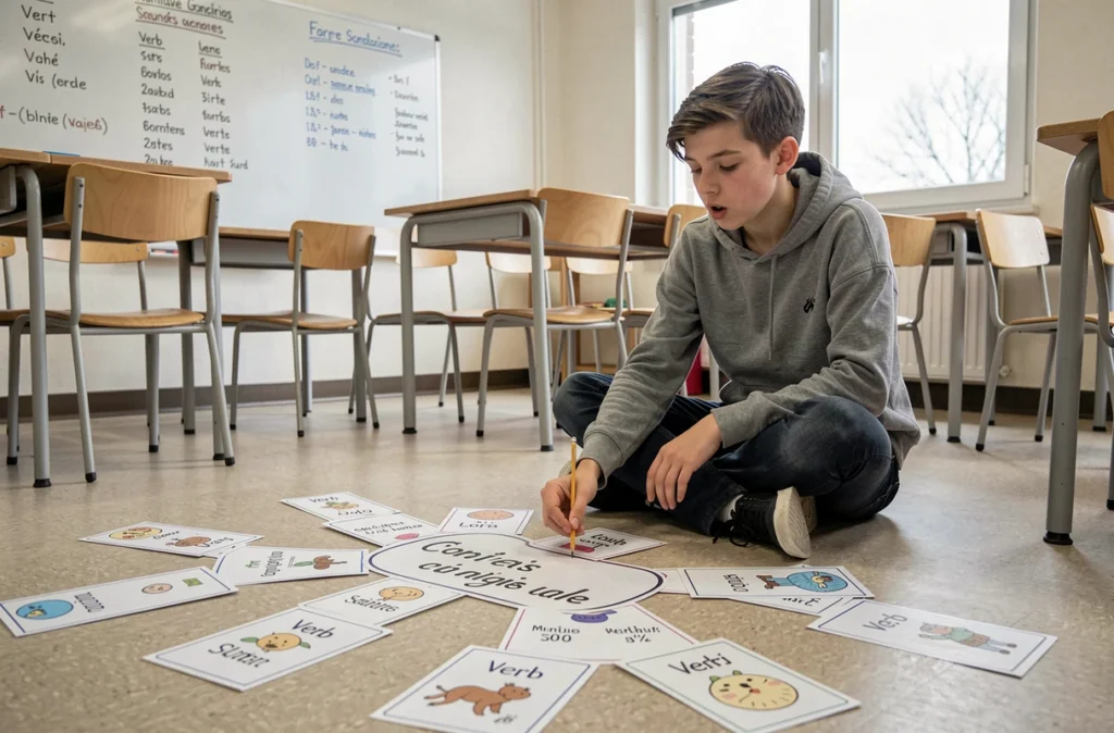 Adolescent utilisant des cartes illustrées pour apprendre les verbes irréguliers du 3ème groupe en classe