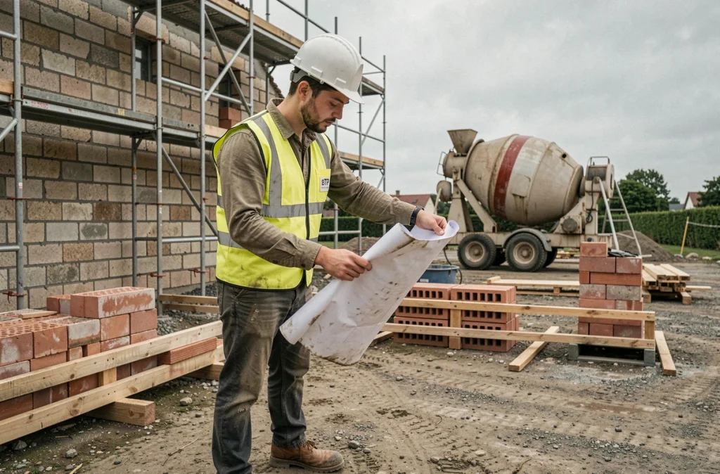 Apprenti en alternance BTP consultant des plans sur un chantier de construction dans la Marne pour le CFA du BTP