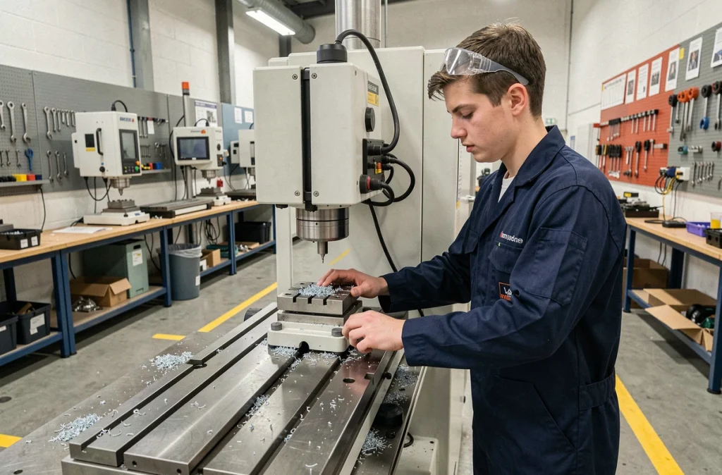 Apprenti en alternance opérant une machine CNC dans l'atelier industriel du CFA de l'industrie de Champagne-Ardenne