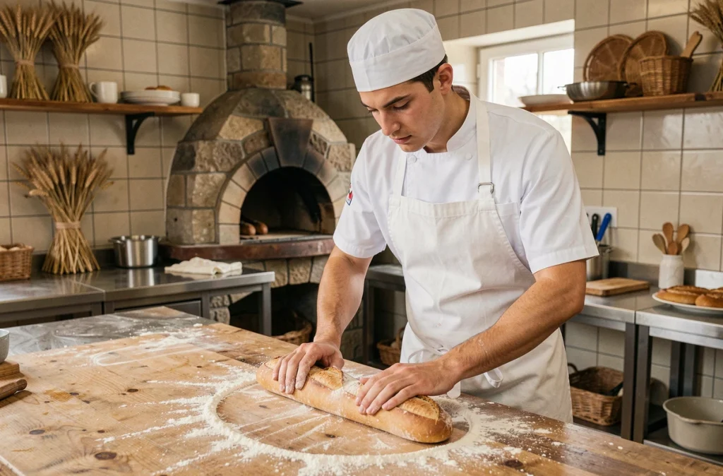Apprenti boulanger en alternance façonnant une baguette dans l'atelier pédagogique du CFA Marcel Rudloff à Colmar