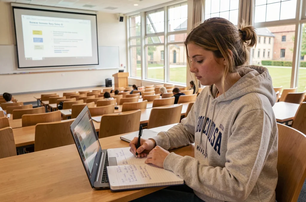Étudiante en alternance prenant des notes dans un amphithéâtre du CFA universitaire de Lorraine à Nancy