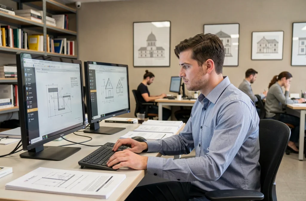 Étudiant en alternance au CNAM Grand Est travaillant sur des schémas techniques dans un espace de formation professionnel