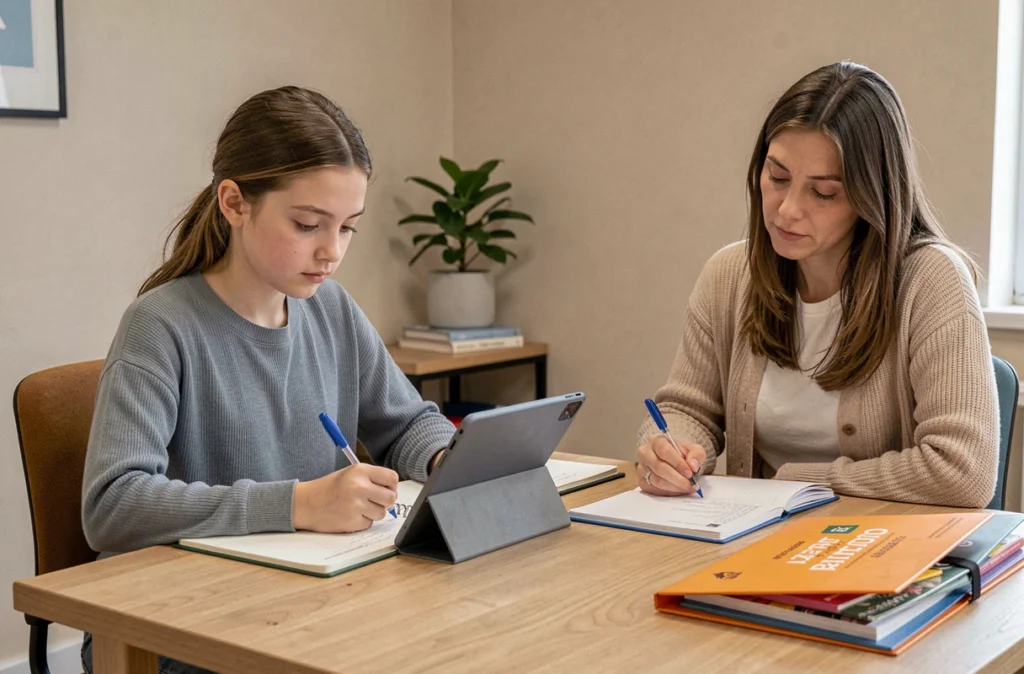 Élève accompagnée par un tuteur Complétude dans un studio pédagogique moderne
