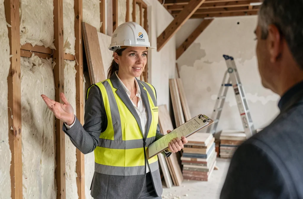 Conseillère en rénovation énergétique inspectant un chantier de travaux dans une maison française