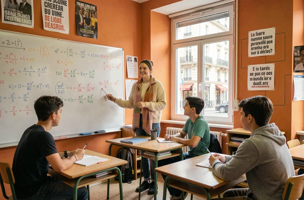 Enseignante de Cours Ado au tableau blanc devant des adolescents à Lyon