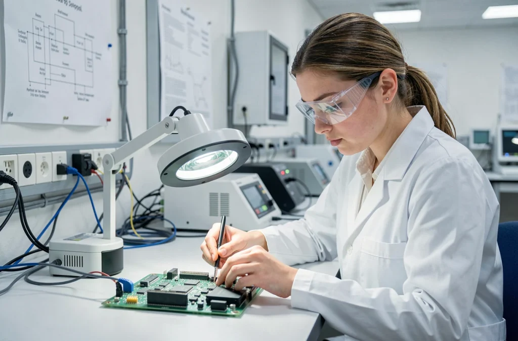 Étudiante ingénieure en alternance examinant un circuit électronique dans un laboratoire de l'ENSISA à Mulhouse