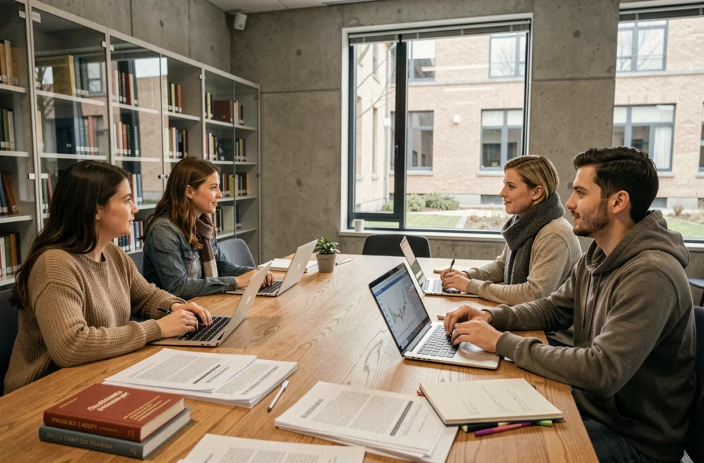 Étudiants en mathématiques appliquées à la finance travaillant sur des modèles probabilistes dans une bibliothèque universitaire moderne