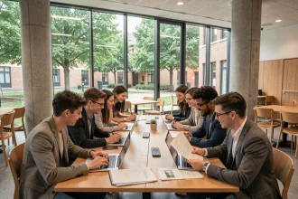 Groupe d'apprentis en formation alternance dans le Grand Est, réunis autour d'une table dans un campus universitaire moderne