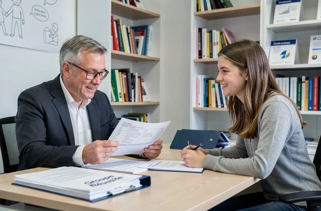Coordinateur pédagogique du Groupe Réussite analysant les résultats d'une élève