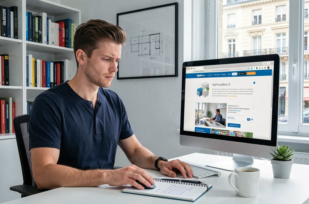 Homme consultant le site Ecoledestravaux.fr pour trouver des aides financières travaux en 2026