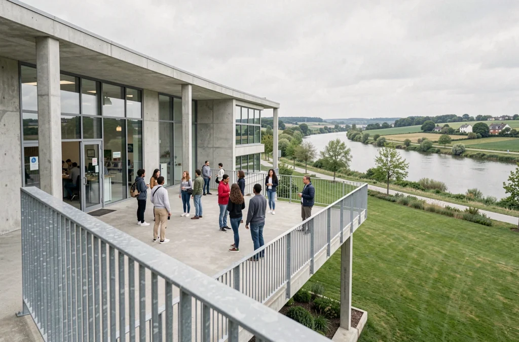 Terrasse extérieure du lycée Condorcet à Limay avec des élèves et vue sur la vallée de la Seine