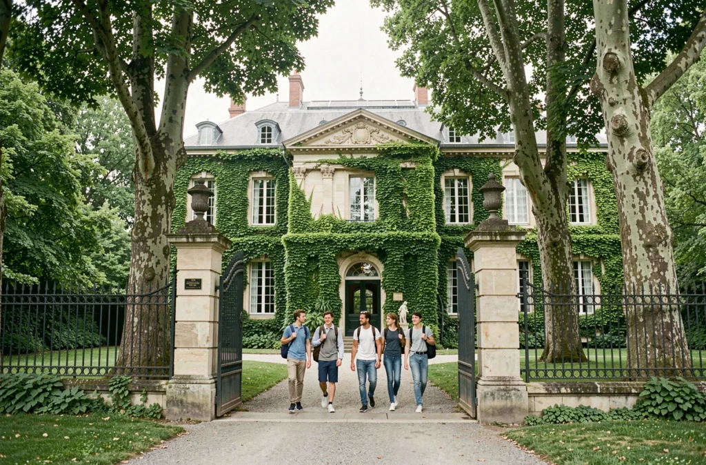 Entrée du lycée l'Ermitage à Maisons-Laffitte entourée d'arbres et de végétation avec des élèves