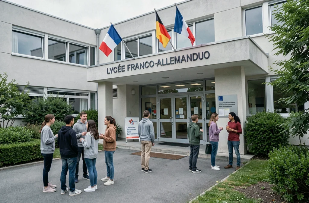 Entrée du lycée franco-allemand de Buc avec les drapeaux français et allemand et des élèves bilingues