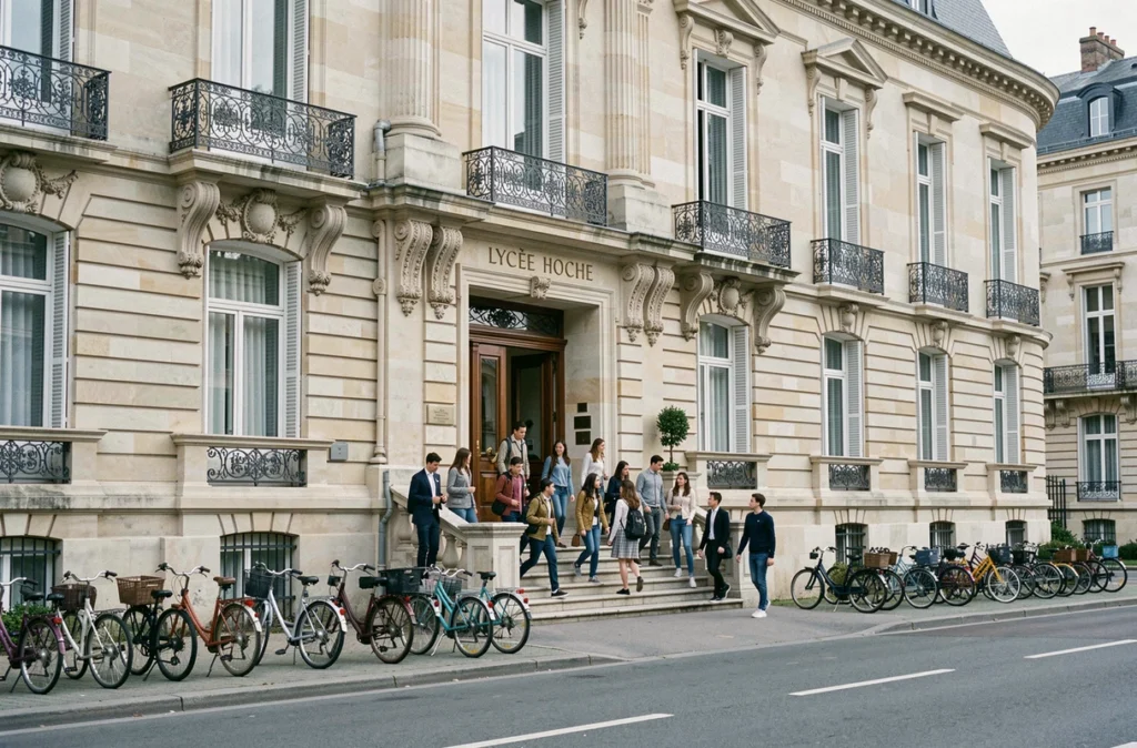 Façade imposante du lycée Hoche à Versailles avec des étudiants sortant des cours