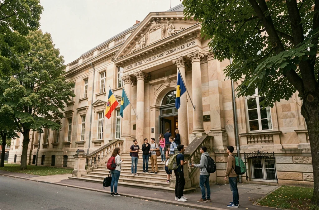 Façade du Lycée international de Saint-Germain-en-Laye avec des élèves internationaux devant l'entrée