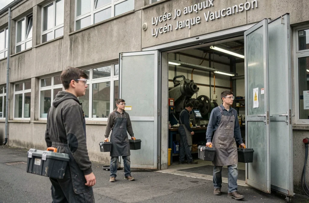 Élèves en tenue de travail devant l'atelier du lycée Jacques Vaucanson aux Mureaux