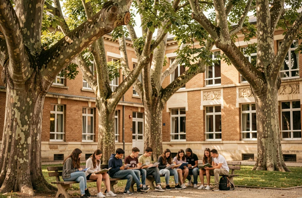 Cour du lycée Les Châtaigniers à Versailles avec des marronniers et des élèves se reposant à l'ombre