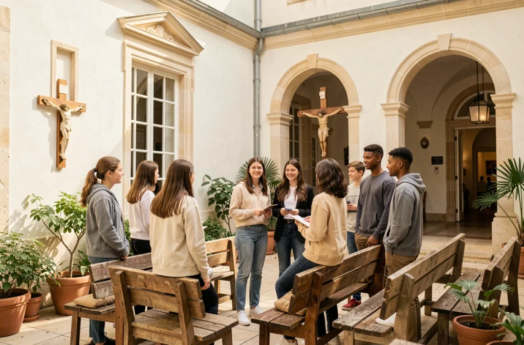 Cour intérieure du lycée Notre-Dame du Grandchamp à Versailles avec des élèves dans un cadre religieux