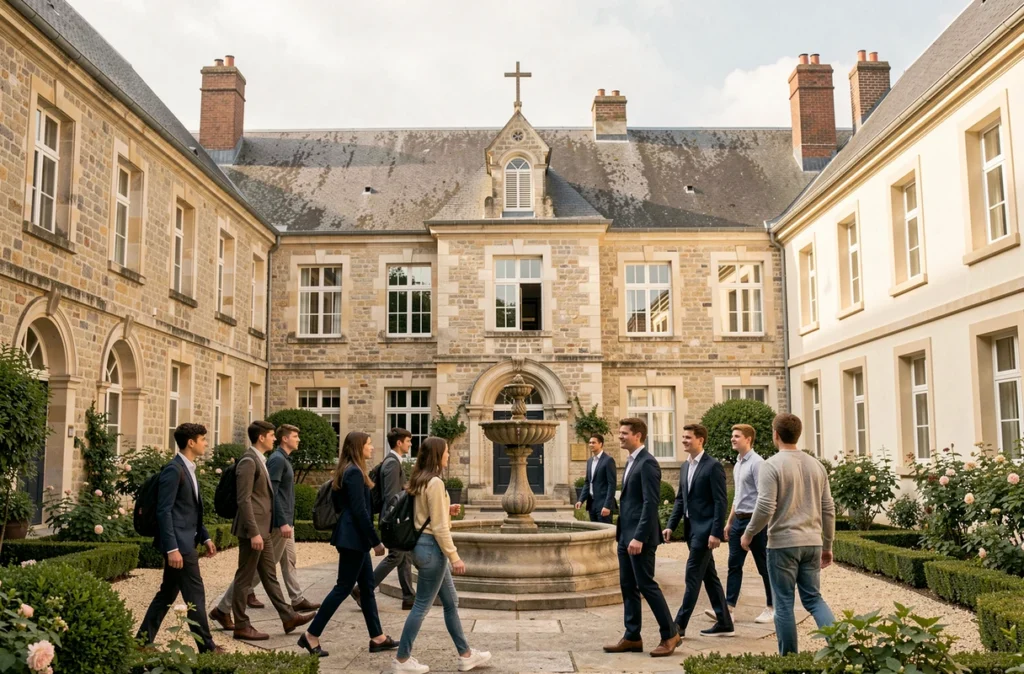 Cour intérieure du lycée Notre-Dame de Saint-Germain-en-Laye avec des élèves et une architecture religieuse
