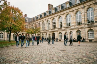 Vue d'ensemble d'un lycée des Yvelines avec une architecture en pierre et des élèves dans la cour