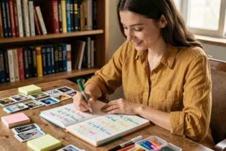 Jeune femme mémorisant des verbes du 3ème groupe avec des fiches visuelles colorées dans un bureau cosy