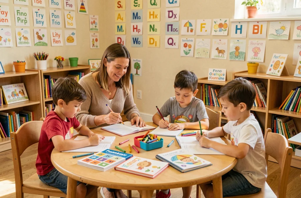 Enseignante de Notre École aidant de jeunes élèves dans une salle de classe colorée