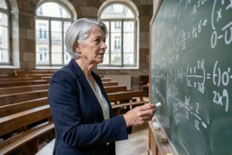 Professeure de mathématiques financières devant un tableau d'équations de probabilités dans un amphithéâtre universitaire parisien