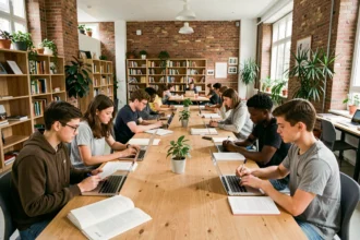 Groupe d'élèves et tuteurs dans un centre de soutien scolaire moderne à Lyon