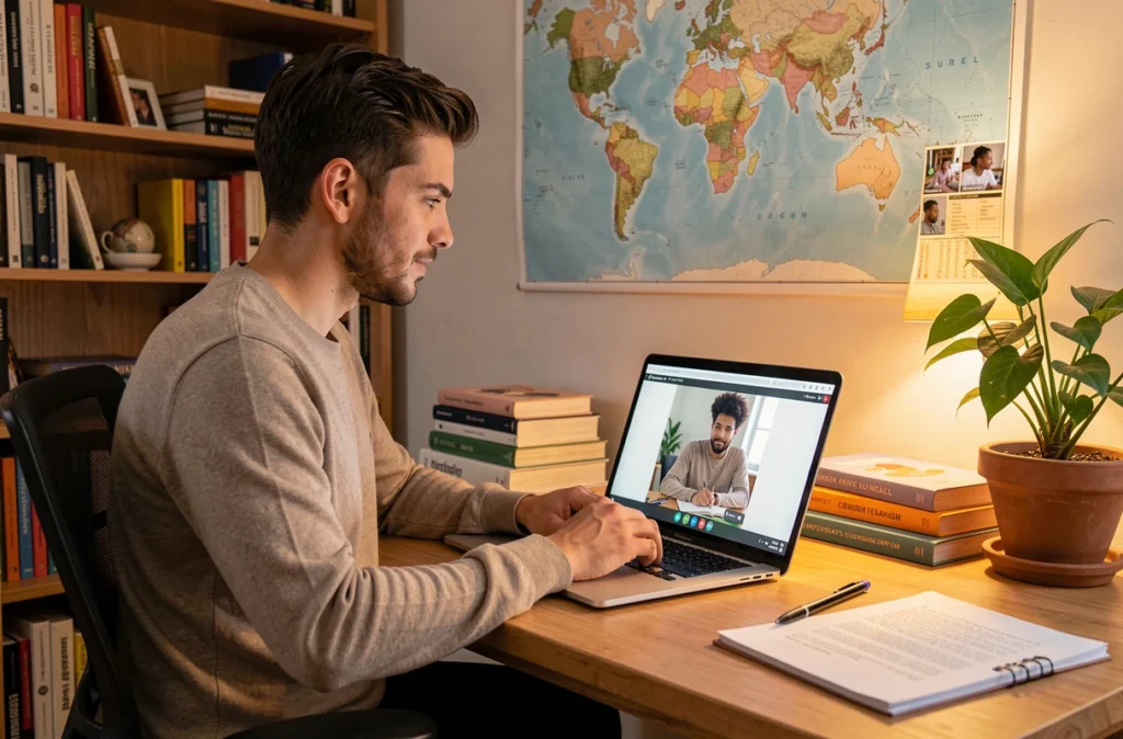 Tuteur Superprof en session de cours en ligne depuis son bureau à domicile