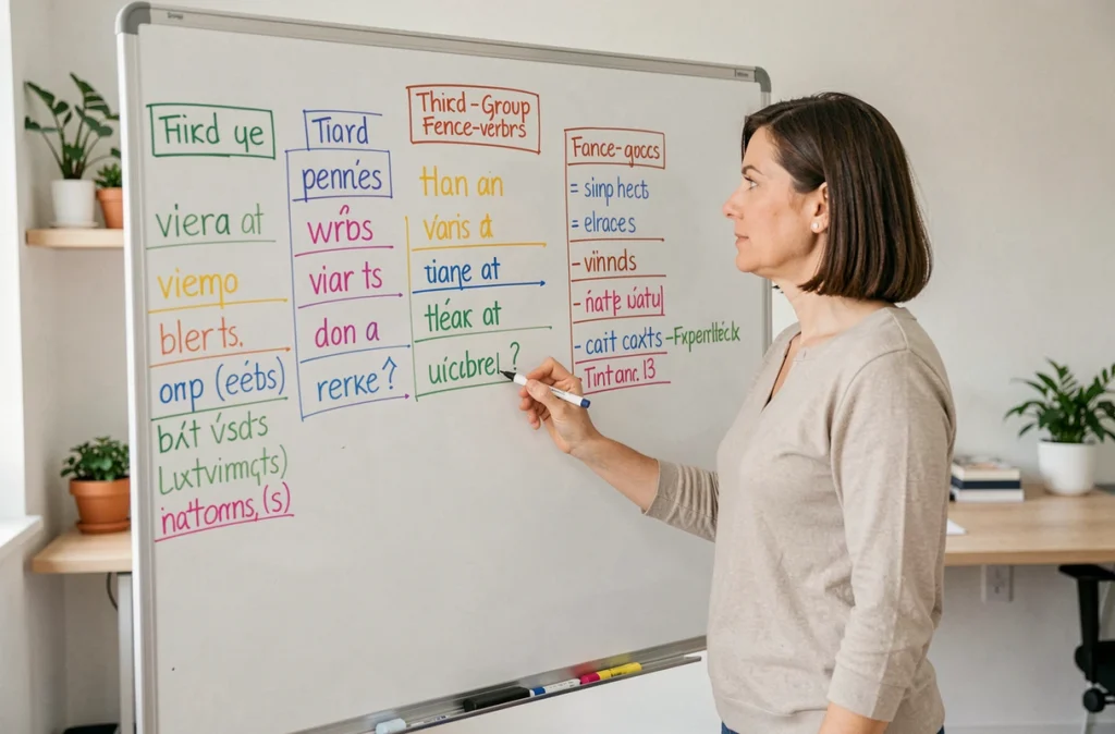 Femme créant un tableau visuel de méthode pour mémoriser les verbes du 3ème groupe par catégories phonétiques