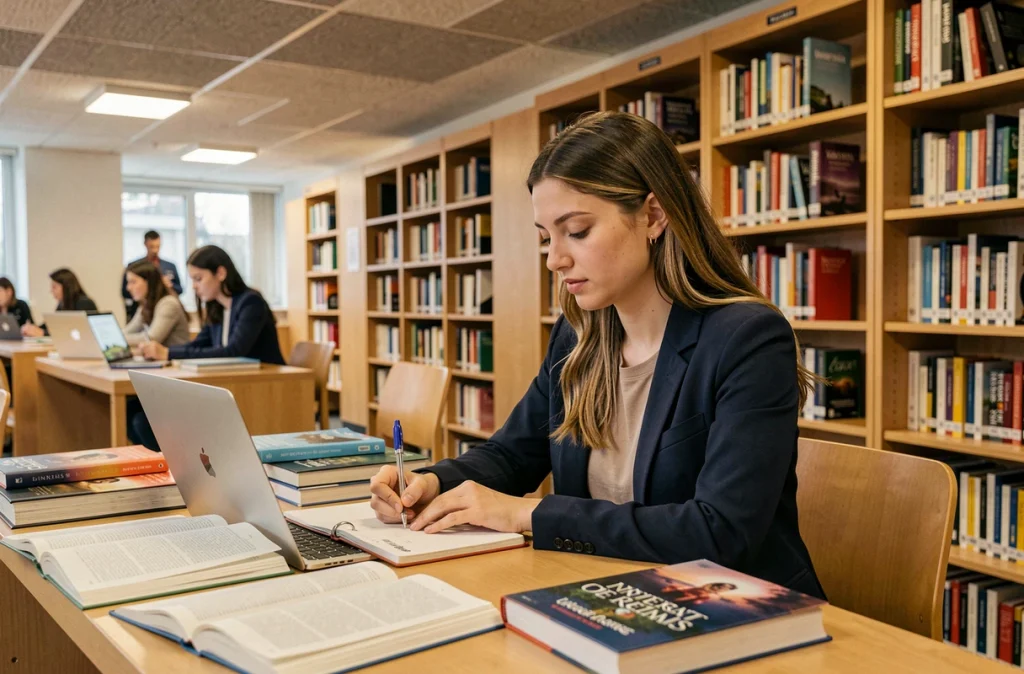 Étudiante en alternance étudiant à la bibliothèque universitaire de l'URCA à Reims entourée de livres et d'un ordinateur portable