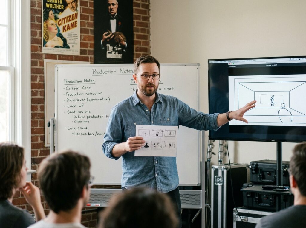 Formateur en cinéma présentant un storyboard à ses étudiants dans une salle de cours spécialisée