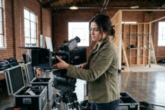 Jeune femme en formation cinéma ajustant une caméra professionnelle sur un plateau de tournage en studio