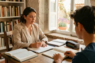 Professeure particulière expliquant des mathématiques à un élève dans une maison provençale des Bouches-du-Rhône